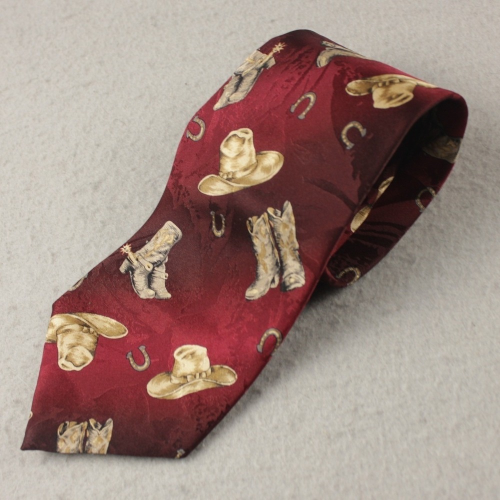 Roper Silk Tie Burgundy Western‎ Cowboy Boot Horseshoe Length 59.5" Width 3.75"